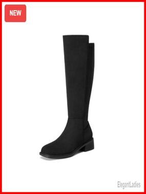 Square Toe Knee High Stretch Boots Side Zipper Low Heel